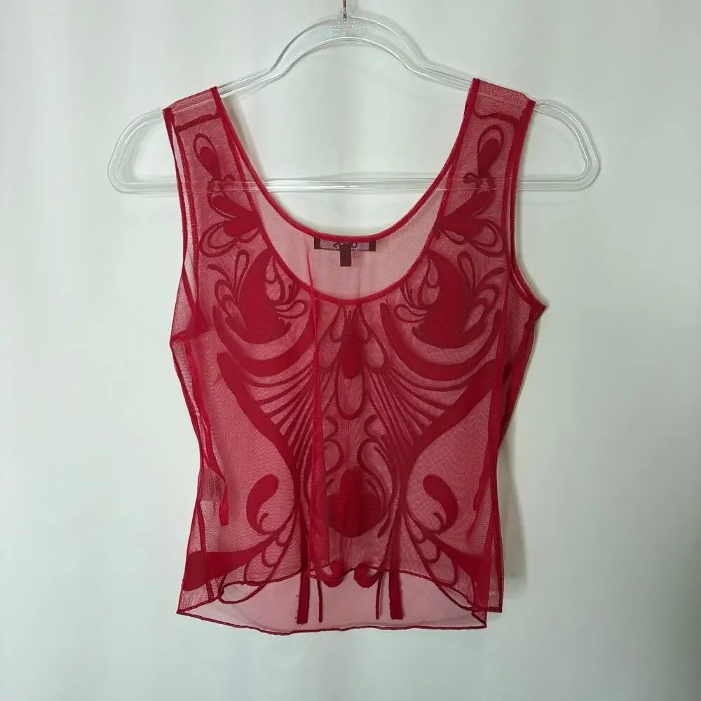 ASOS Bright Red Sheer Embroidered Tank Top 100% Polyester Womens 4